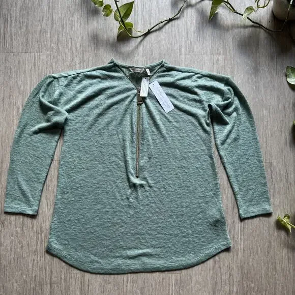 Soft Surroundings Valentina Gold Zip Sweater Dusty Sage Green NWT M Top Shirt - Picture 1 of 6